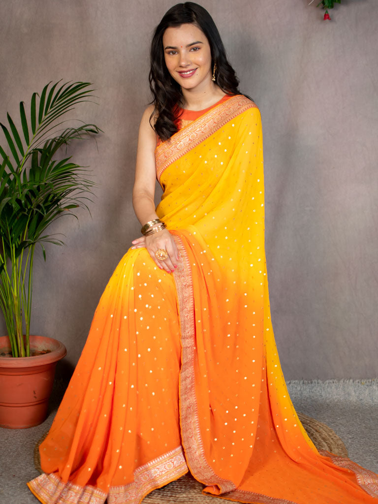 Dual Shade Semi Chiffon Gold Printed Saree With Zari Border-Orange