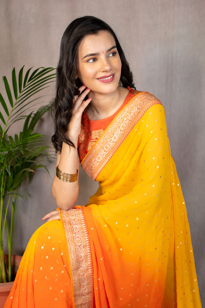 Dual Shade Semi Chiffon Gold Printed Saree With Zari Border-Orange