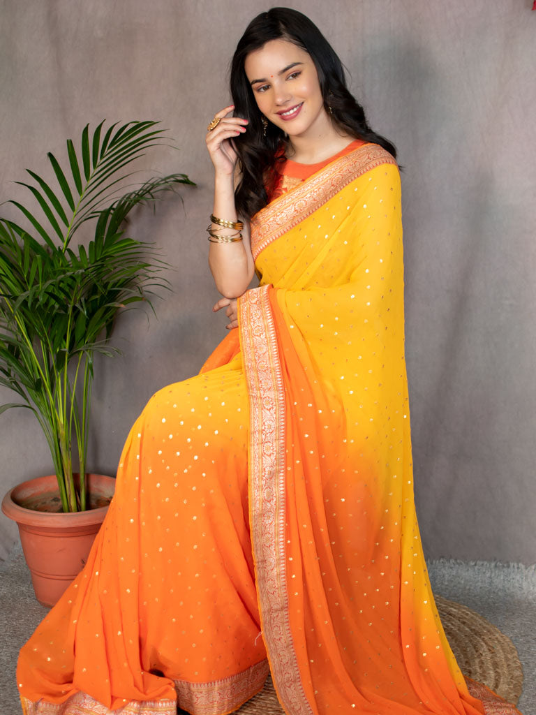 Dual Shade Semi Chiffon Gold Printed Saree With Zari Border-Orange