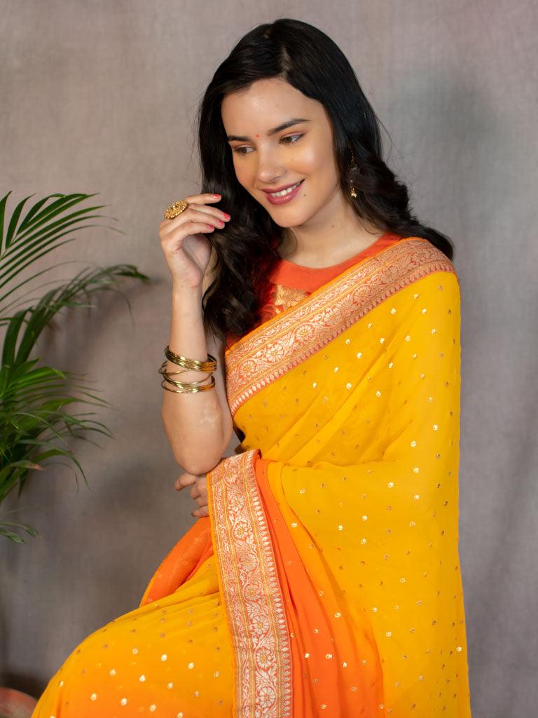 Dual Shade Semi Chiffon Gold Printed Saree With Zari Border-Orange