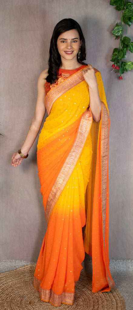 Dual Shade Semi Chiffon Gold Printed Saree With Zari Border-Orange
