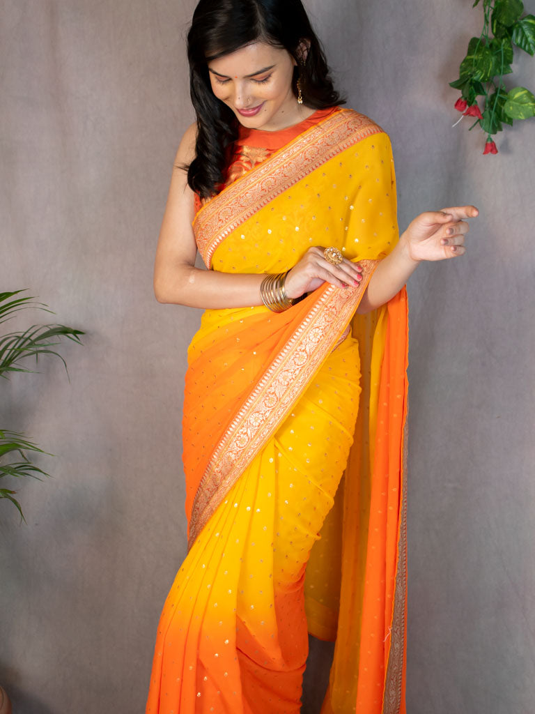Dual Shade Semi Chiffon Gold Printed Saree With Zari Border-Orange