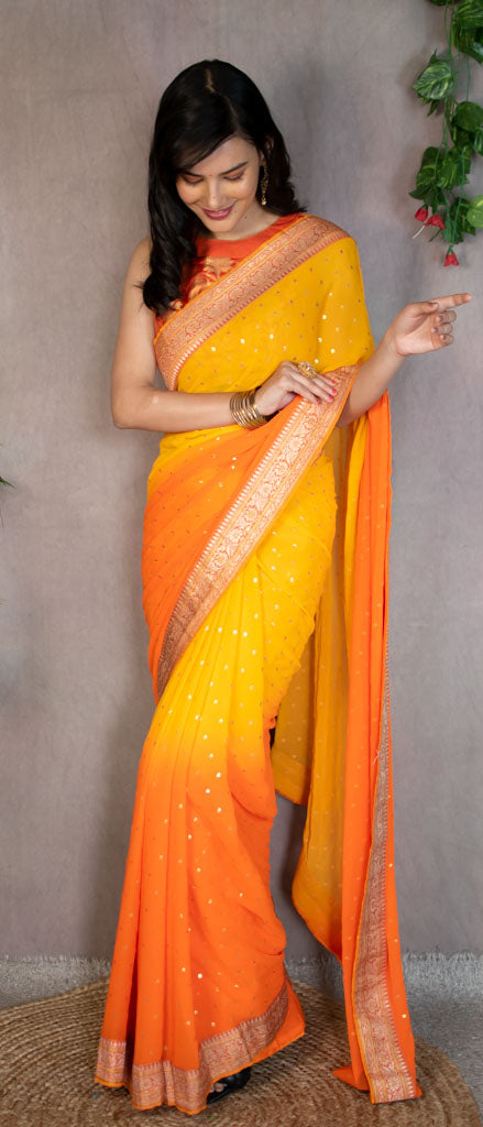 Dual Shade Semi Chiffon Gold Printed Saree With Zari Border-Orange