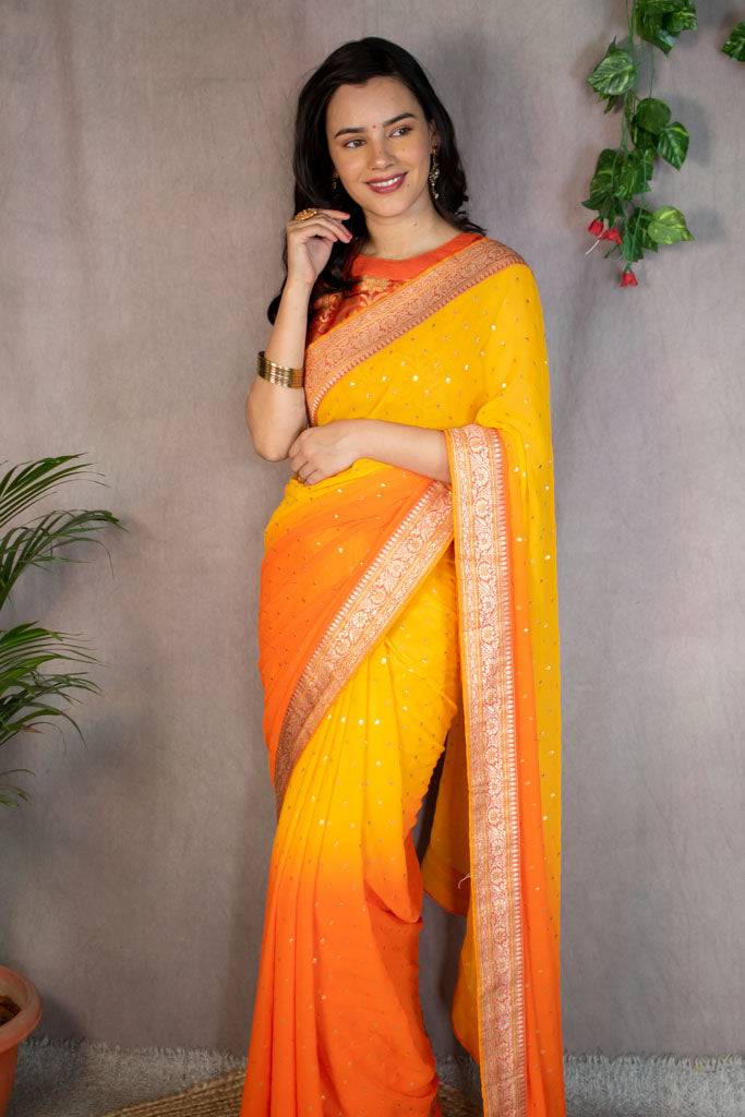 Dual Shade Semi Chiffon Gold Printed Saree With Zari Border-Orange