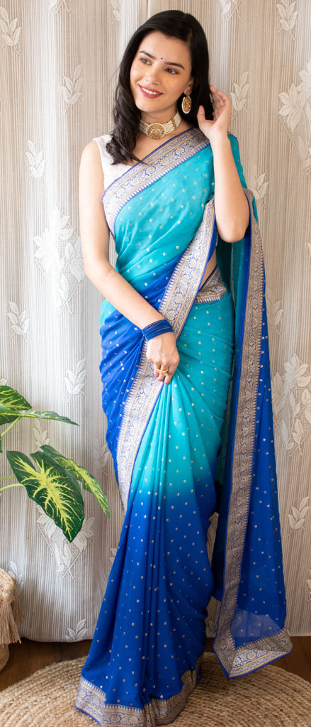 Dual Shade Semi Chiffon Gold Printed Saree With Zari Border-Blue