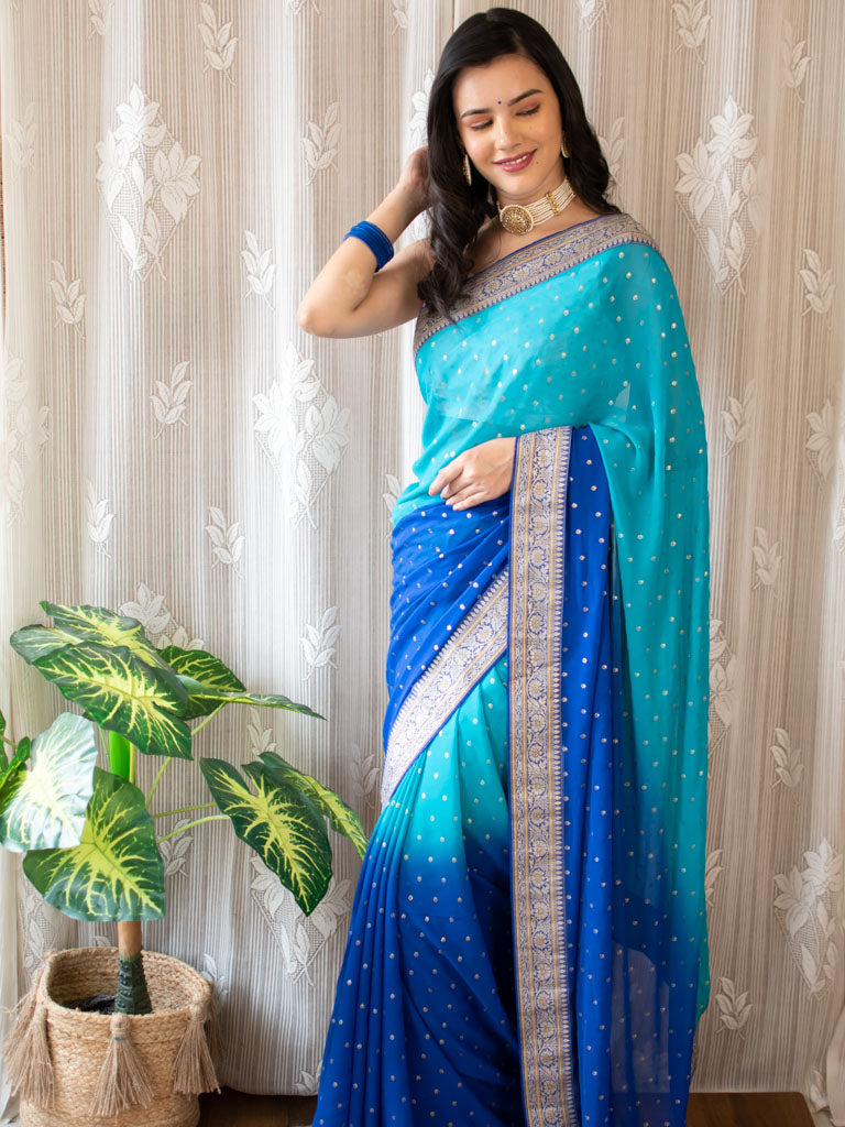 Dual Shade Semi Chiffon Gold Printed Saree With Zari Border-Blue