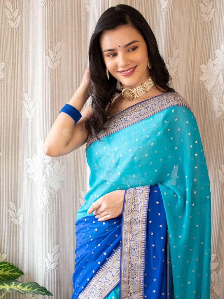 Dual Shade Semi Chiffon Gold Printed Saree With Zari Border-Blue