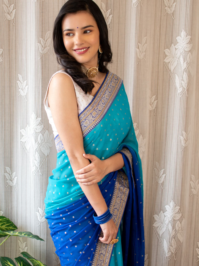 Dual Shade Semi Chiffon Gold Printed Saree With Zari Border-Blue