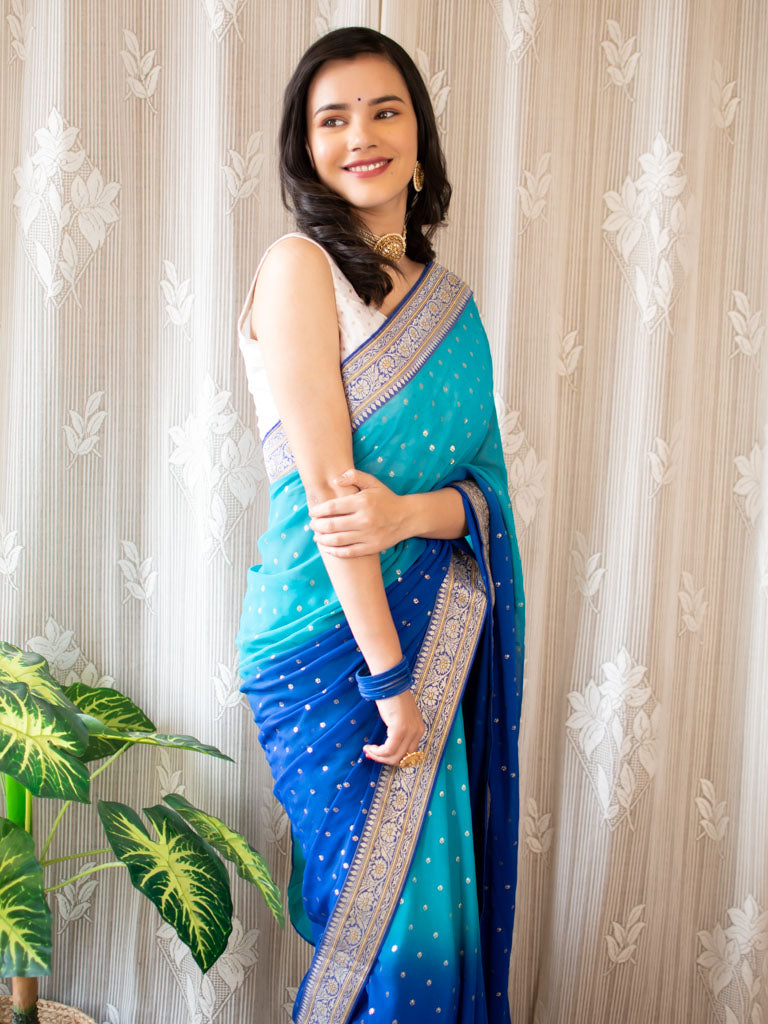 Dual Shade Semi Chiffon Gold Printed Saree With Zari Border-Blue