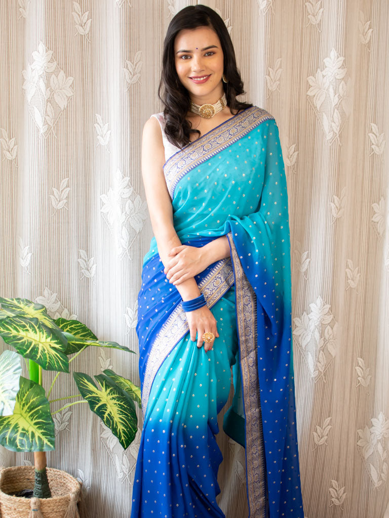 Dual Shade Semi Chiffon Gold Printed Saree With Zari Border-Blue