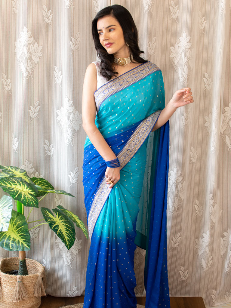 Dual Shade Semi Chiffon Gold Printed Saree With Zari Border-Blue
