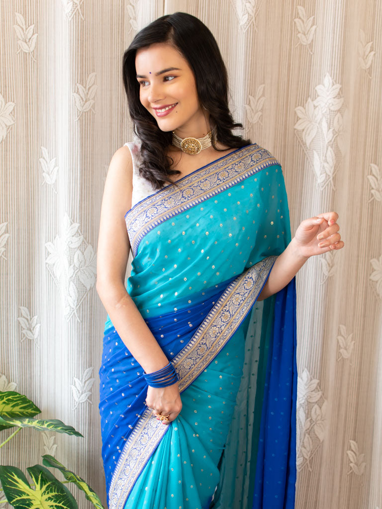 Dual Shade Semi Chiffon Gold Printed Saree With Zari Border-Blue