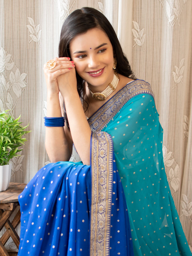 Dual Shade Semi Chiffon Gold Printed Saree With Zari Border-Blue