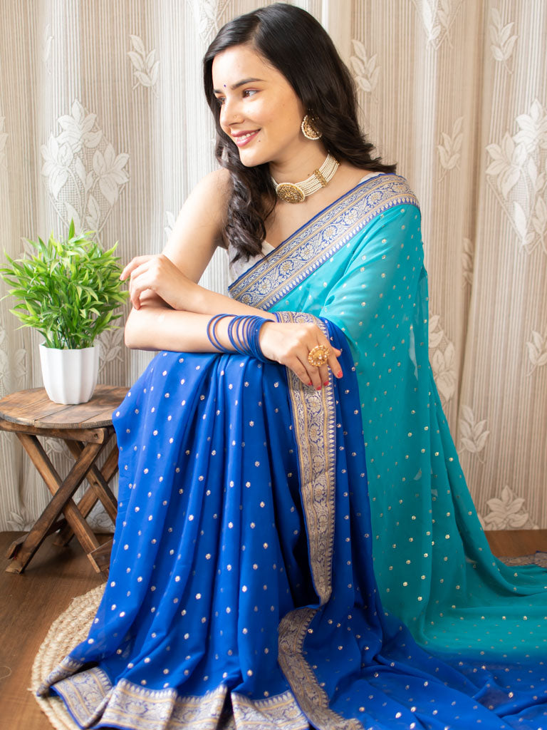 Dual Shade Semi Chiffon Gold Printed Saree With Zari Border-Blue