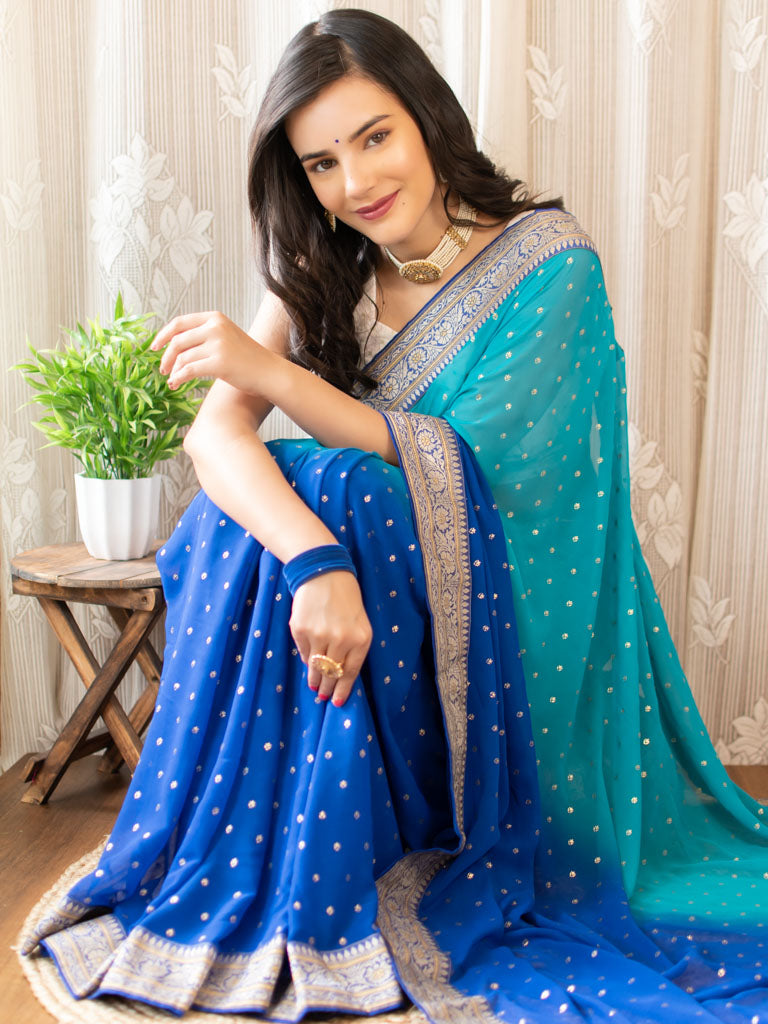 Dual Shade Semi Chiffon Gold Printed Saree With Zari Border-Blue