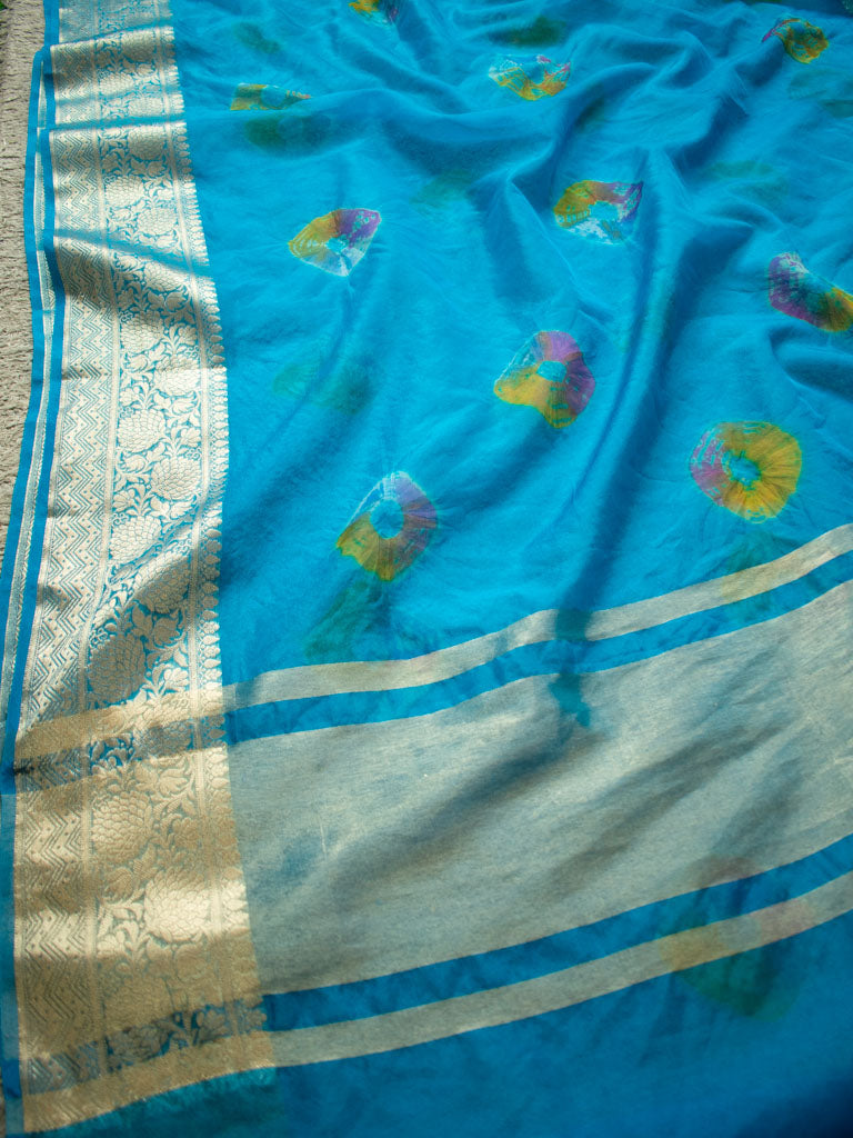 Banarasi Bandhani Dyed Organza Saree With Zari Border-Blue