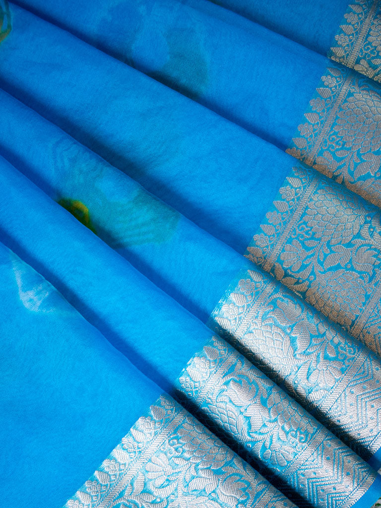 Banarasi Bandhani Dyed Organza Saree With Zari Border-Blue