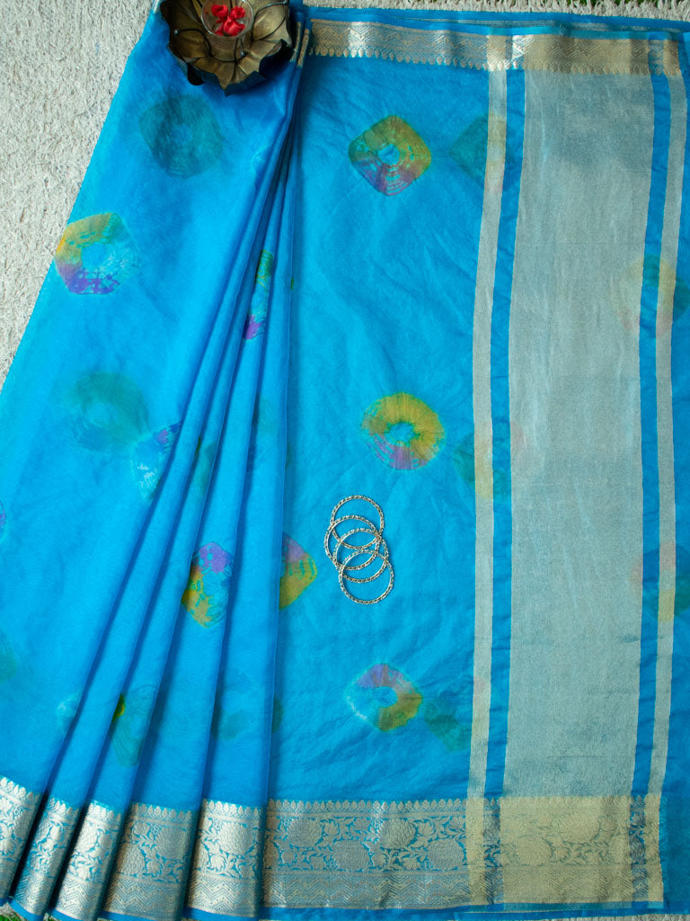 Banarasi Bandhani Dyed Organza Saree With Zari Border-Blue