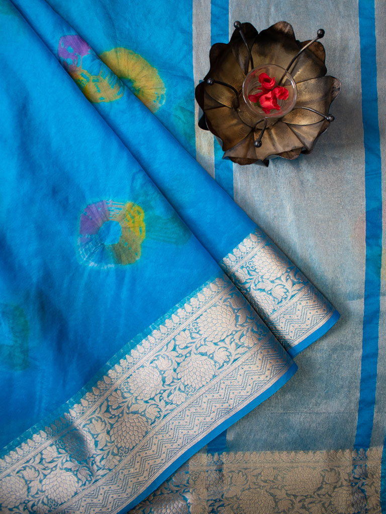 Banarasi Bandhani Dyed Organza Saree With Zari Border-Blue