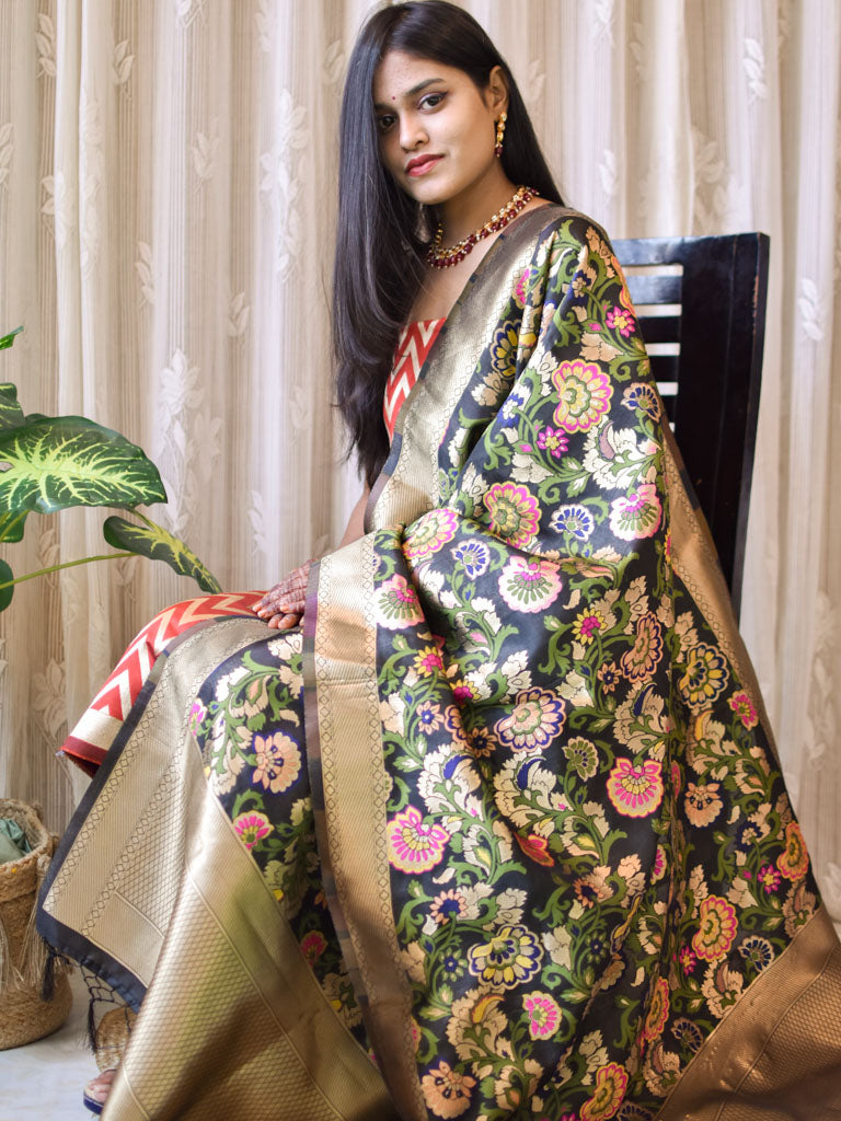 Banarasi Semi Silk Zari Weaving Salwar Kameez Material With Contrast Meenakari Dupatta-Orange