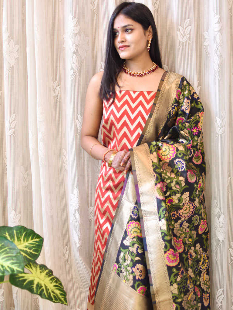 Banarasi Semi Silk Zari Weaving Salwar Kameez Material With Contrast Meenakari Dupatta-Orange