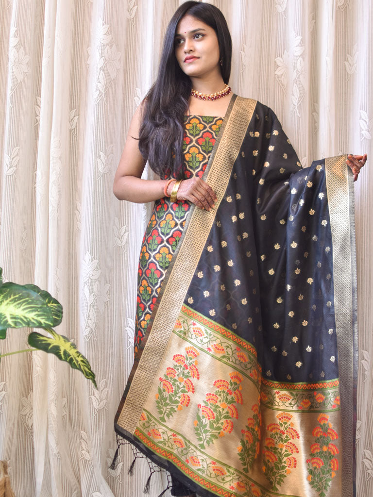 Banarasi Semi Silk Zari Weaving Salwar Kameez Material With Meenakari Dupatta-Black