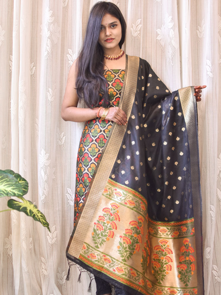 Banarasi Semi Silk Zari Weaving Salwar Kameez Material With Meenakari Dupatta-Black