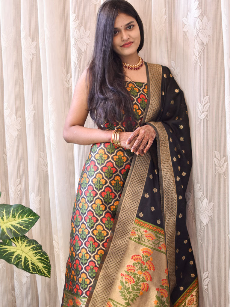 Banarasi Semi Silk Zari Weaving Salwar Kameez Material With Meenakari Dupatta-Black