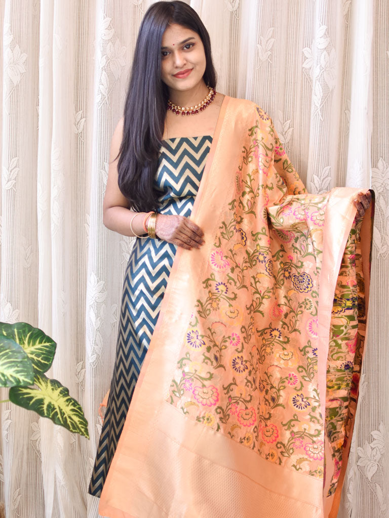 Banarasi Semi Silk Zari Weaving Salwar Kameez Material With Contrast Meenakari Dupatta-Green