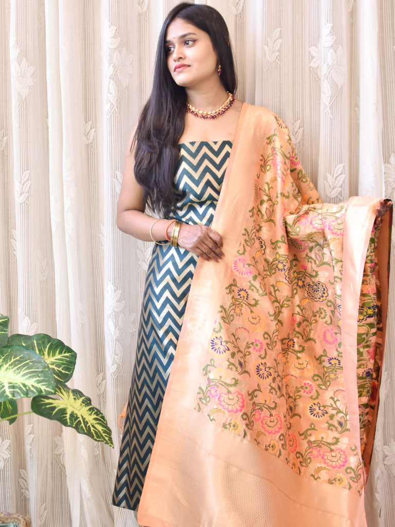 Banarasi Semi Silk Zari Weaving Salwar Kameez Material With Contrast Meenakari Dupatta-Green