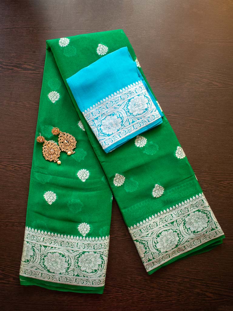 Banarasi Chiffon Saree Silver Zari Weaving-Bottle Green