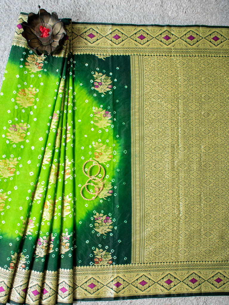 Banarasi Semi Silk Bandhini Saree With Zari Floral Weaving-Green