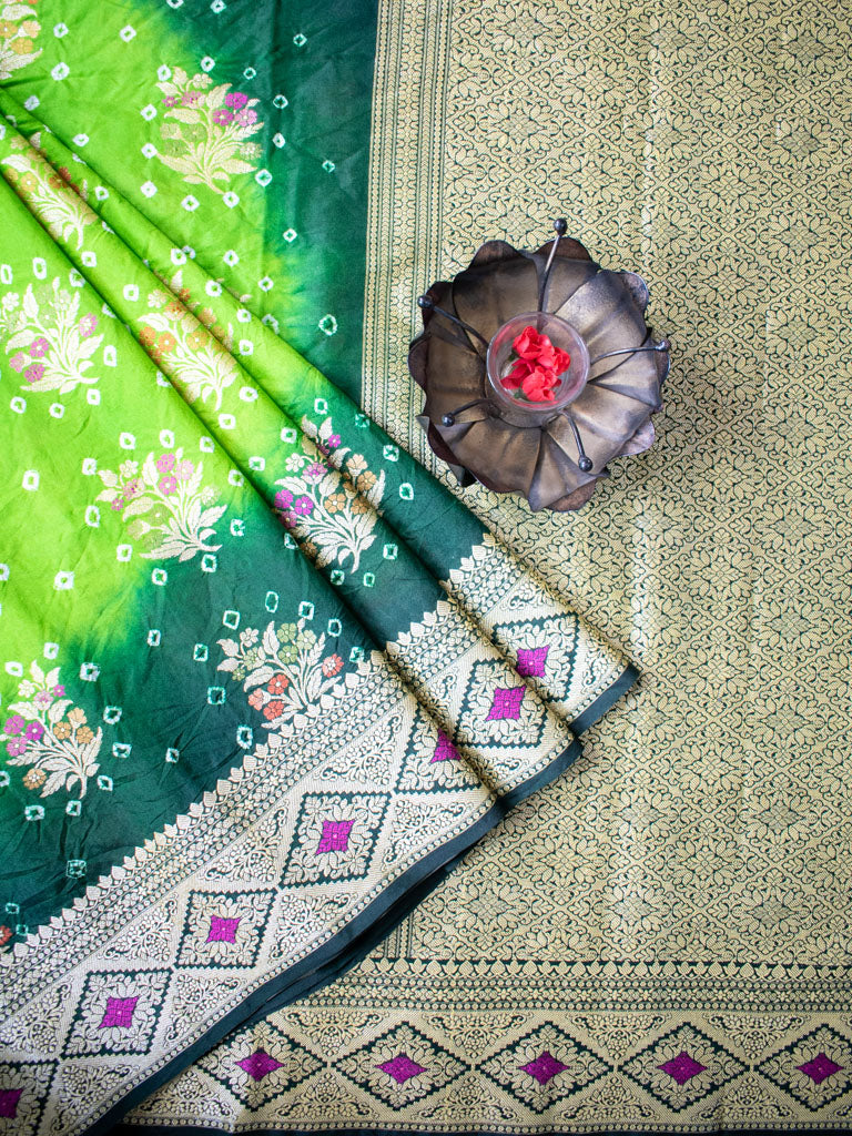 Banarasi Semi Silk Bandhini Saree With Zari Floral Weaving-Green