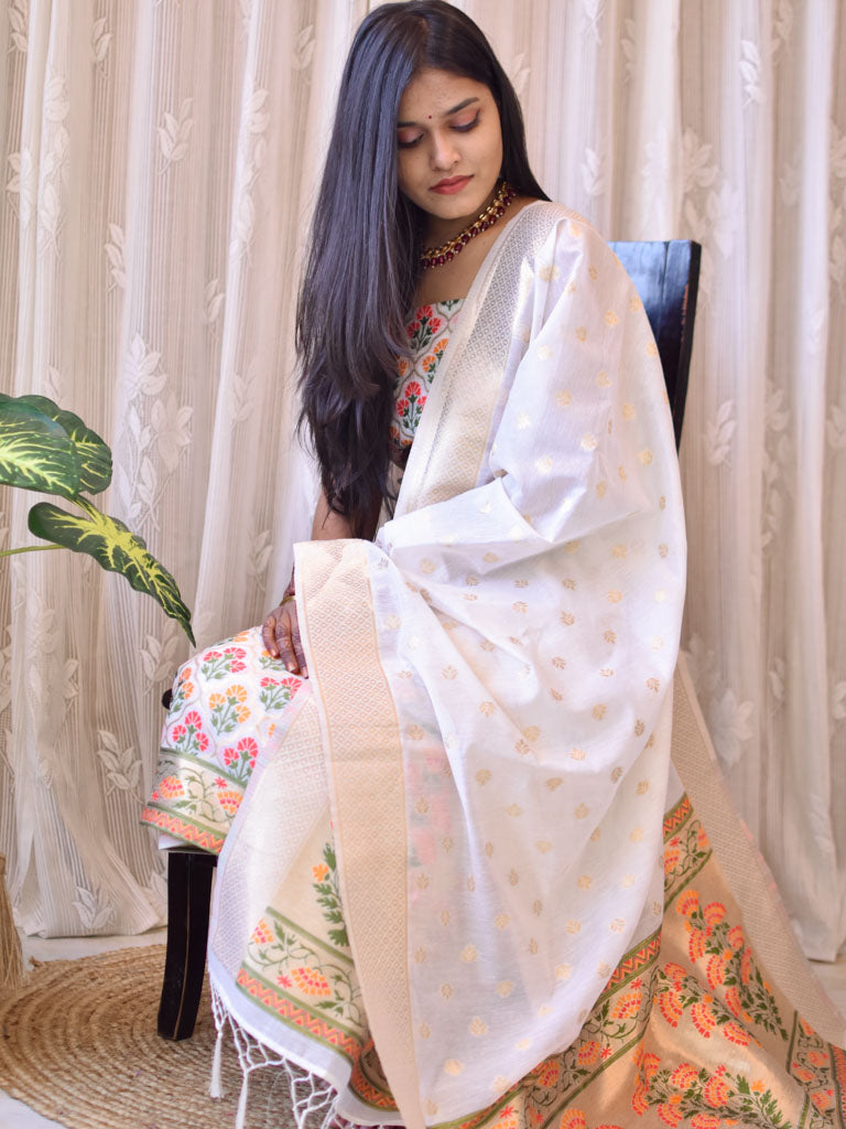 Banarasi Semi Silk Zari Weaving Salwar Kameez Material With Meenakari Dupatta-White