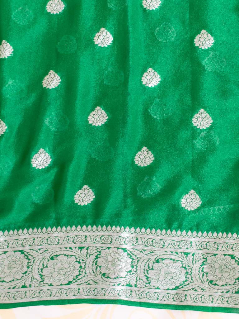 Banarasi Chiffon Saree Silver Zari Weaving-Bottle Green