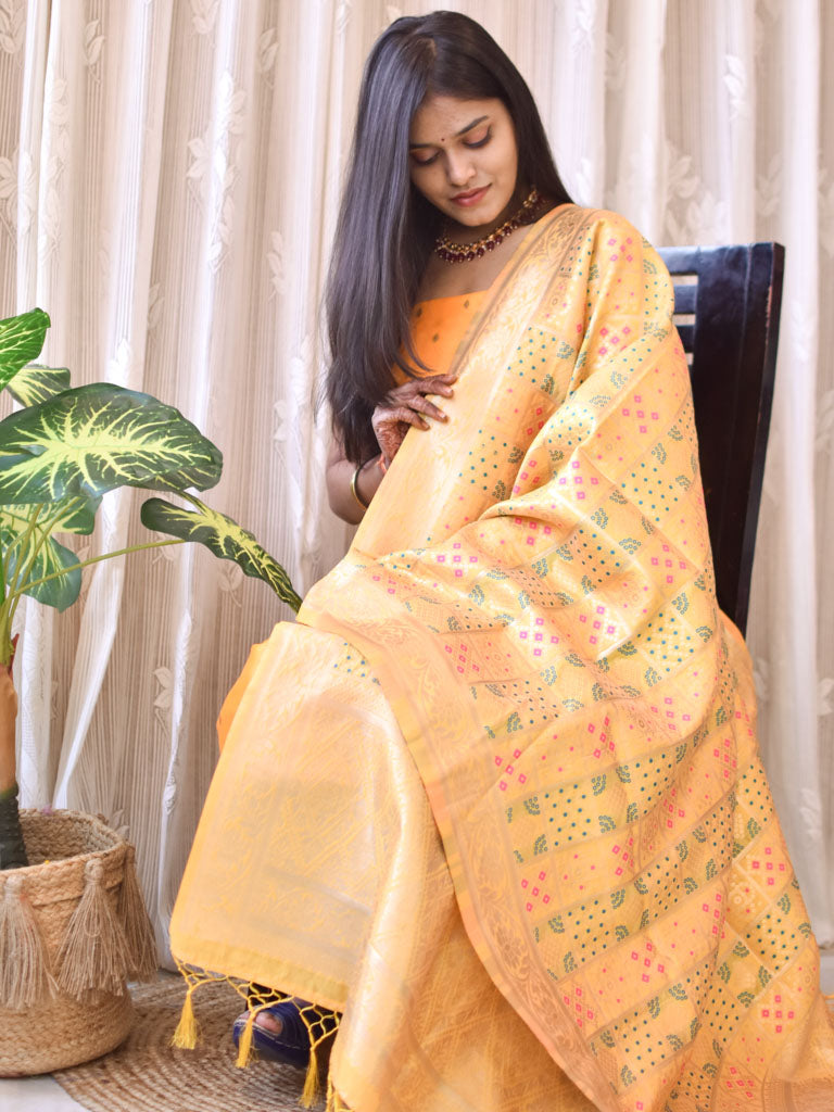 Banarasi Semi Silk Zari Weaving Salwar Kameez Material With Meenakari Dupatta-Yellow
