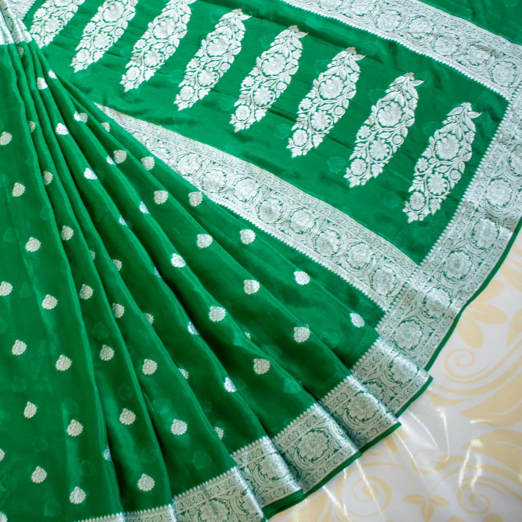 Banarasi Chiffon Saree Silver Zari Weaving-Bottle Green
