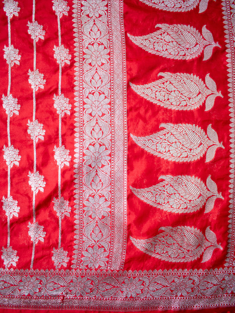 Banarasi Art Katan Silk Saree With Silver Zari Weaving-Red