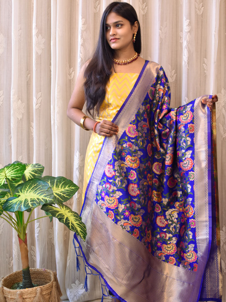 Banarasi Semi Silk Zari Weaving Salwar Kameez Material With Contrast Meenakari Dupatta-Yellow