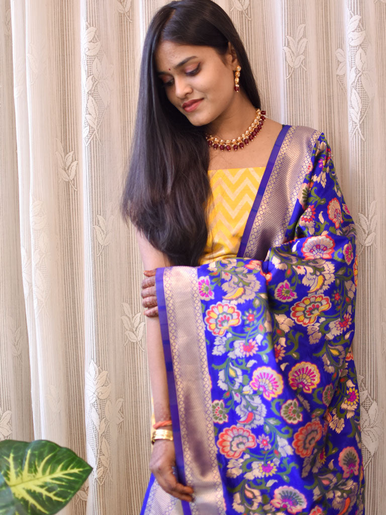 Banarasi Semi Silk Zari Weaving Salwar Kameez Material With Contrast Meenakari Dupatta-Yellow