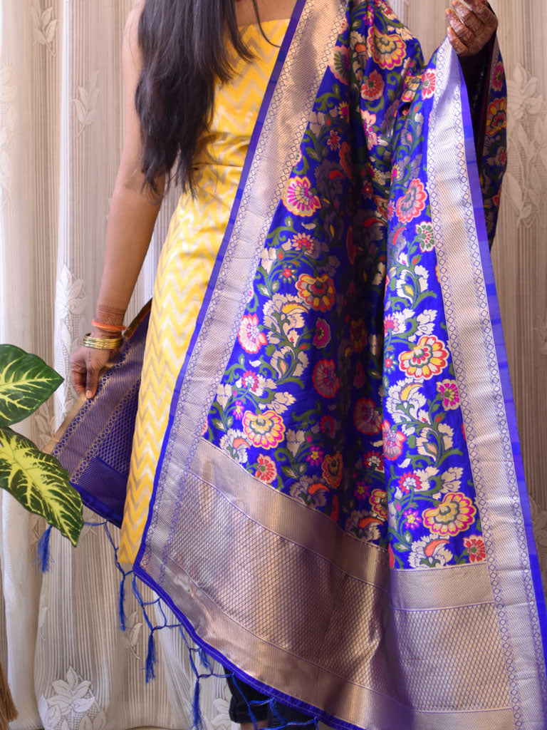 Banarasi Semi Silk Zari Weaving Salwar Kameez Material With Contrast Meenakari Dupatta-Yellow