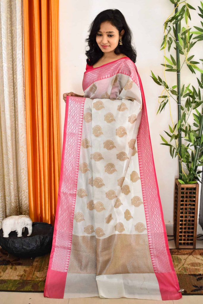 Banarasi Tissue Buta Weaving Saree With Contrast Border-White