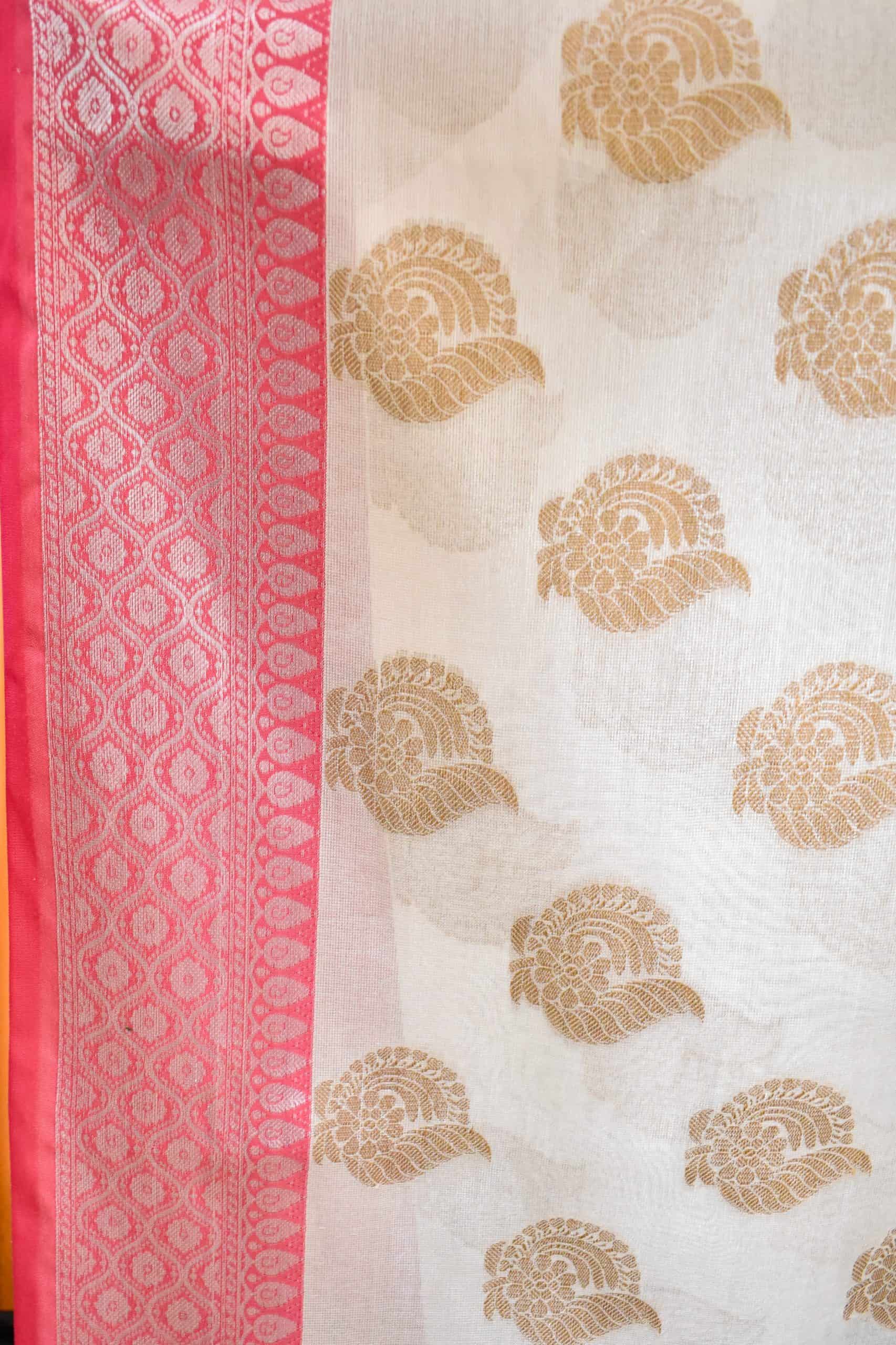 Banarasi Tissue Buta Weaving Saree With Contrast Border-White