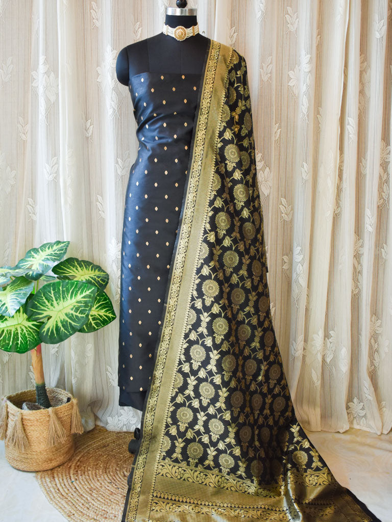 Banarasi Butidar Salwar Kameez Material With Jaal Dupatta-Black