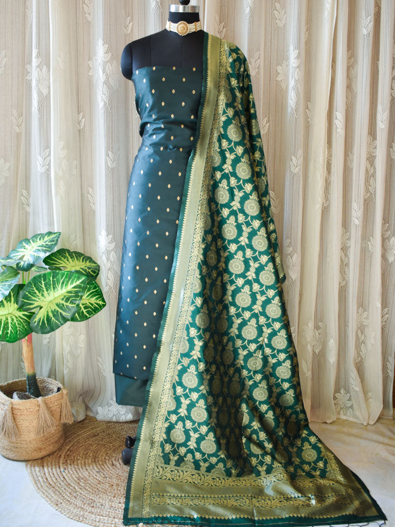 Banarasi Butidar Salwar Kameez Material With Jaal Dupatta-Green