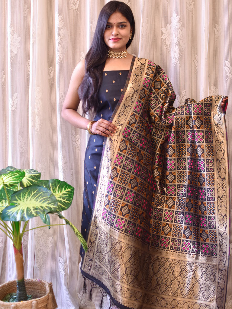 Banarasi Semi Silk Zari Weaving Salwar Kameez Material With Meenakari Dupatta-Black