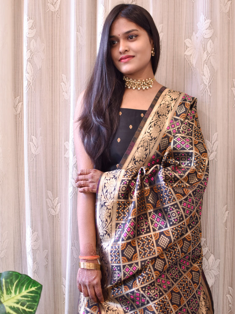 Banarasi Semi Silk Zari Weaving Salwar Kameez Material With Meenakari Dupatta-Black