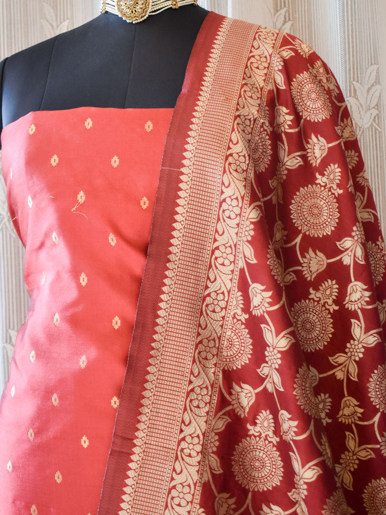 Banarasi Butidar Salwar Kameez Material With Jaal Dupatta-Red