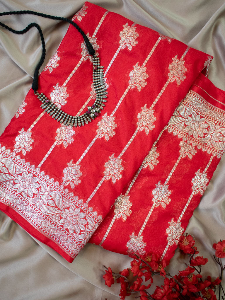 Banarasi Art Katan Silk Saree With Silver Zari Weaving-Red