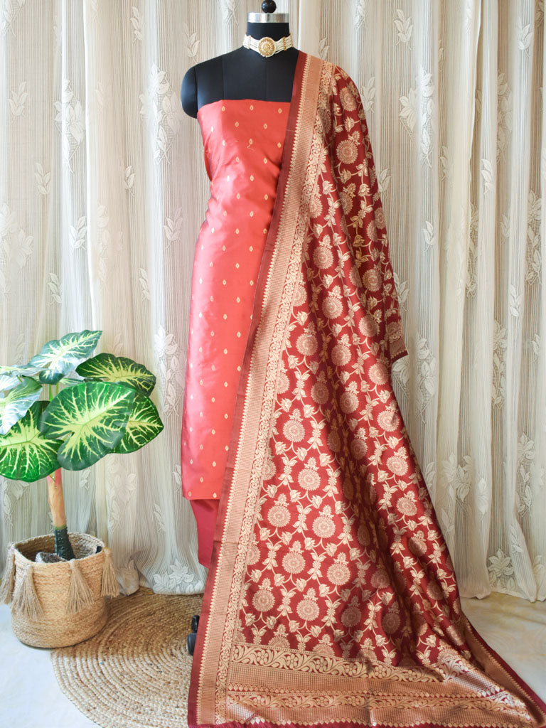 Banarasi Butidar Salwar Kameez Material With Jaal Dupatta-Red